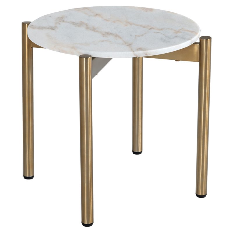 Pemberly Row Round Marble and Stainless Steel End Table in White and Gold