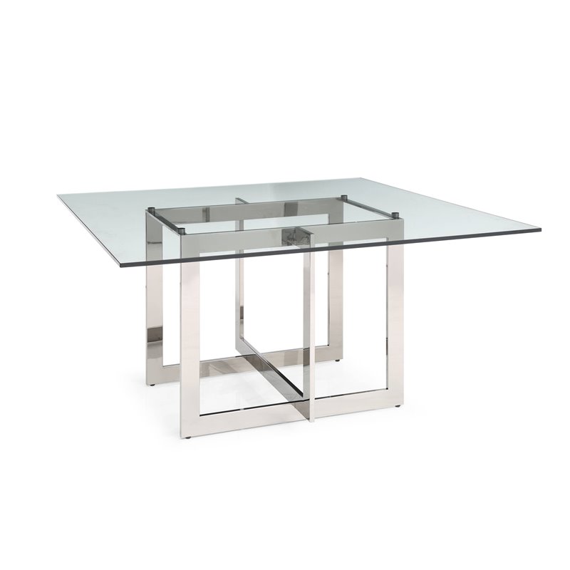 Pemberly Row Square Dining Table with Glass Top and Steel Base for 8 Seats