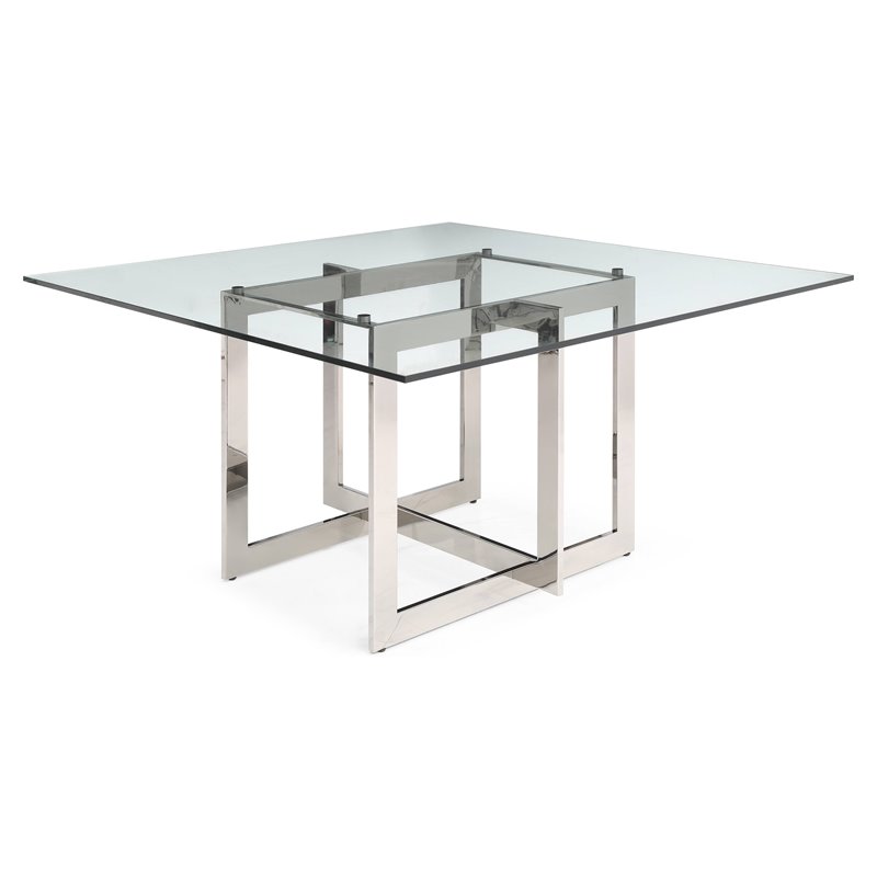 Pemberly Row Square Dining Table with Glass Top and Steel Base for 8 Seats