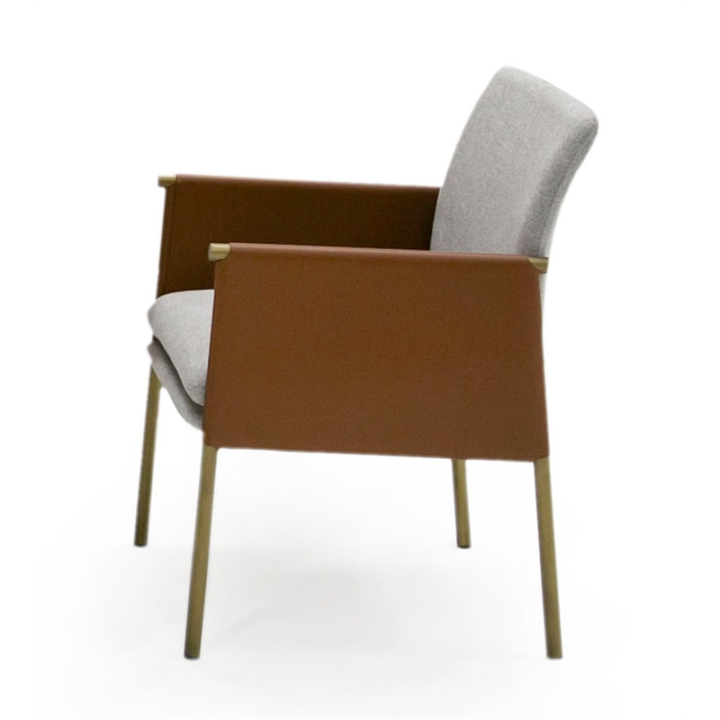 Pemberly Row Upholstered Fabric Arm Dining Chair in Light Gray and Camel