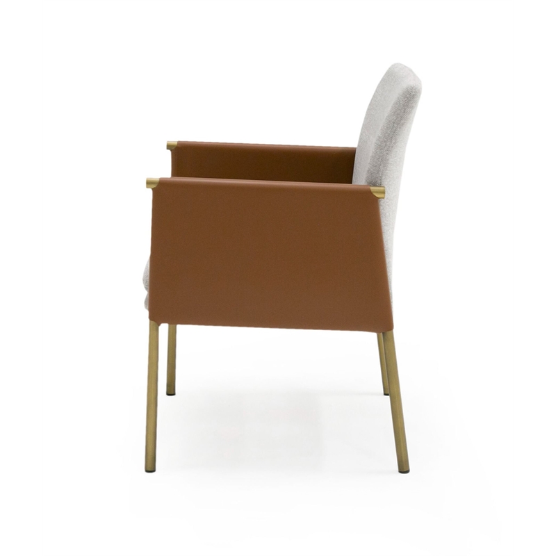 Pemberly Row Upholstered Fabric Arm Dining Chair in Light Gray and Camel