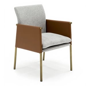 Pemberly Row Upholstered Fabric Arm Dining Chair in Light Gray and Camel