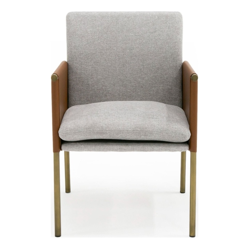 Pemberly Row Upholstered Fabric Arm Dining Chair in Light Gray and Camel