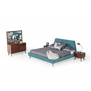 Pemberly Row Modern Queen Rubberwood Bed with Teal Fabric Upholstery