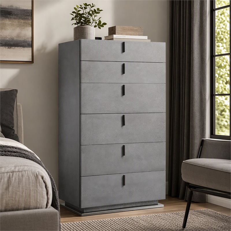 Pemberly Row 6-Drawer Soft Closing Chest with Grey Crackle Finish and Metal Base
