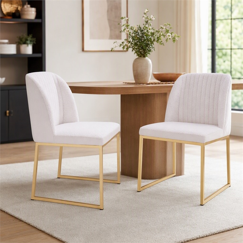Pemberly Row Faux Leather Sherpa Dining Chairs in White & Gold (Set of 2)