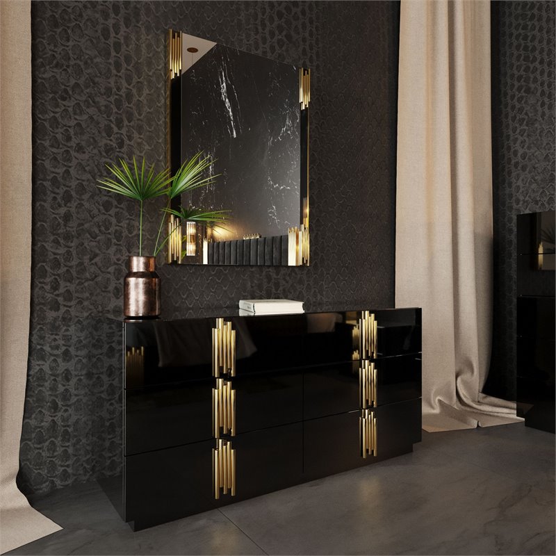 Pemberly Row Modern MDF Wood and Stainless Steel 6-Drawer Dresser in Black