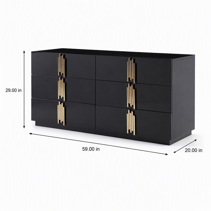 Pemberly Row Modern MDF Wood and Stainless Steel 6-Drawer Dresser in Black