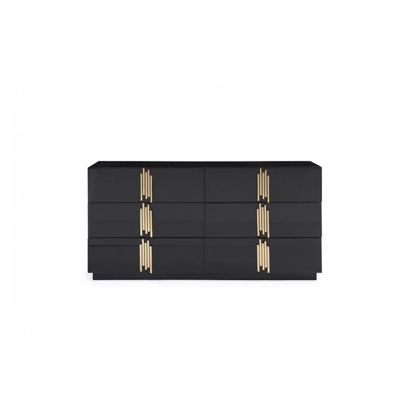 Pemberly Row Modern MDF Wood and Stainless Steel 6-Drawer Dresser in Black