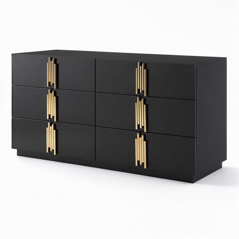 Pemberly Row Modern MDF Wood and Stainless Steel 6-Drawer Dresser in Black