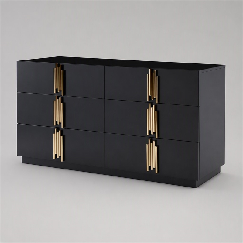 Pemberly Row Modern MDF Wood and Stainless Steel 6-Drawer Dresser in Black