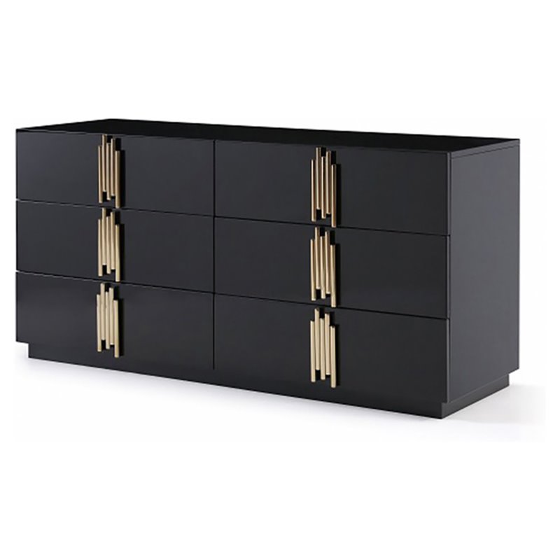 Pemberly Row Modern MDF Wood and Stainless Steel 6-Drawer Dresser in Black