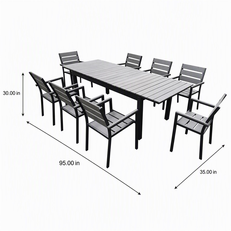 Pemberly Row Outdoor Dining Table Set with 8 Chairs in Gray Aluminum