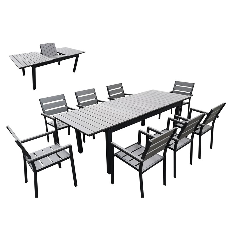 Pemberly Row Outdoor Dining Table Set with 8 Chairs in Gray Aluminum