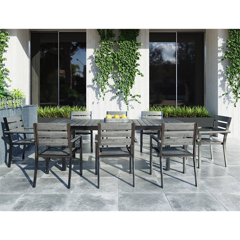 Pemberly Row Outdoor Dining Table Set with 8 Chairs in Gray Aluminum