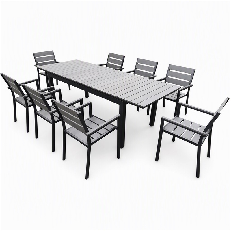 Pemberly Row Outdoor Dining Table Set with 8 Chairs in Gray Aluminum