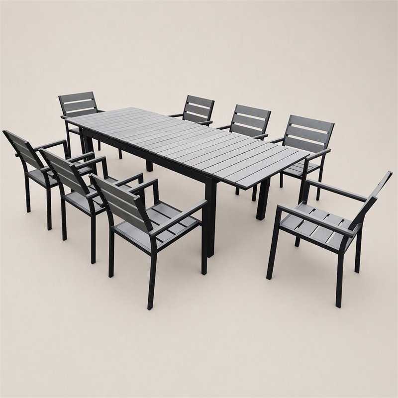 Pemberly Row Outdoor Dining Table Set with 8 Chairs in Gray Aluminum