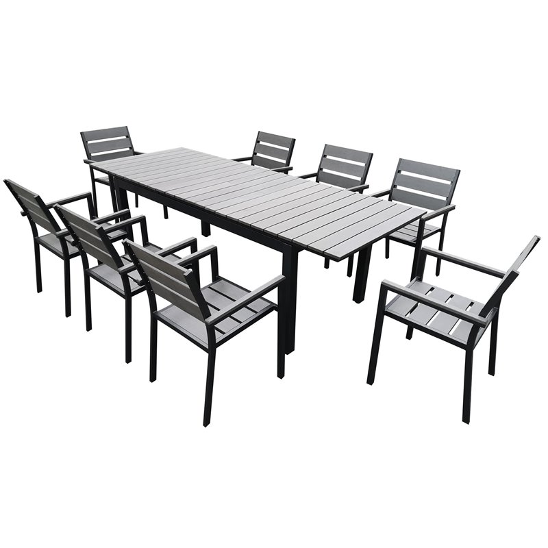 Pemberly Row Outdoor Dining Table Set with 8 Chairs in Gray Aluminum