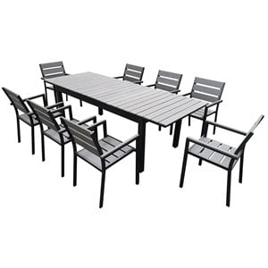 Pemberly Row Outdoor Dining Table Set with 8 Chairs in Gray Aluminum