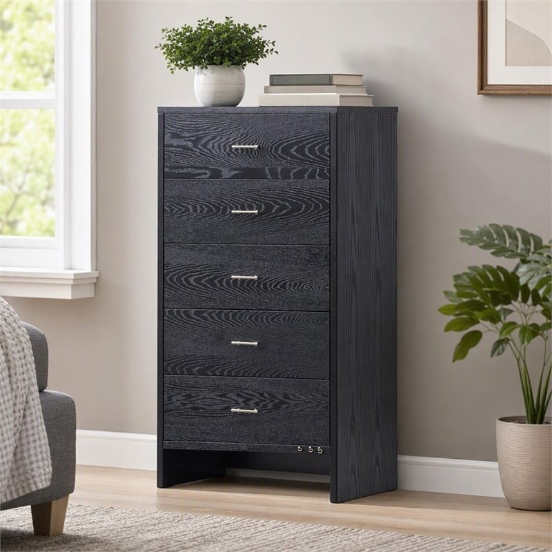Pemberly Row Modern Ash Wood Veneer Chest with Brass Accents in Gray