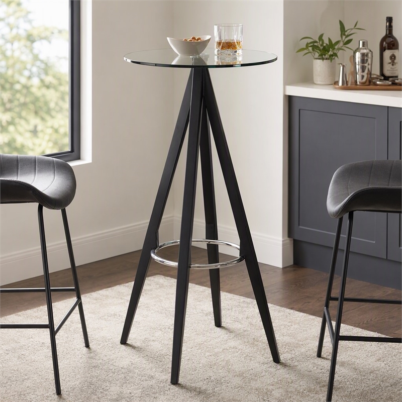 Pemberly Row Stainless Steel Bar Table with Tempered Glass Top in Black