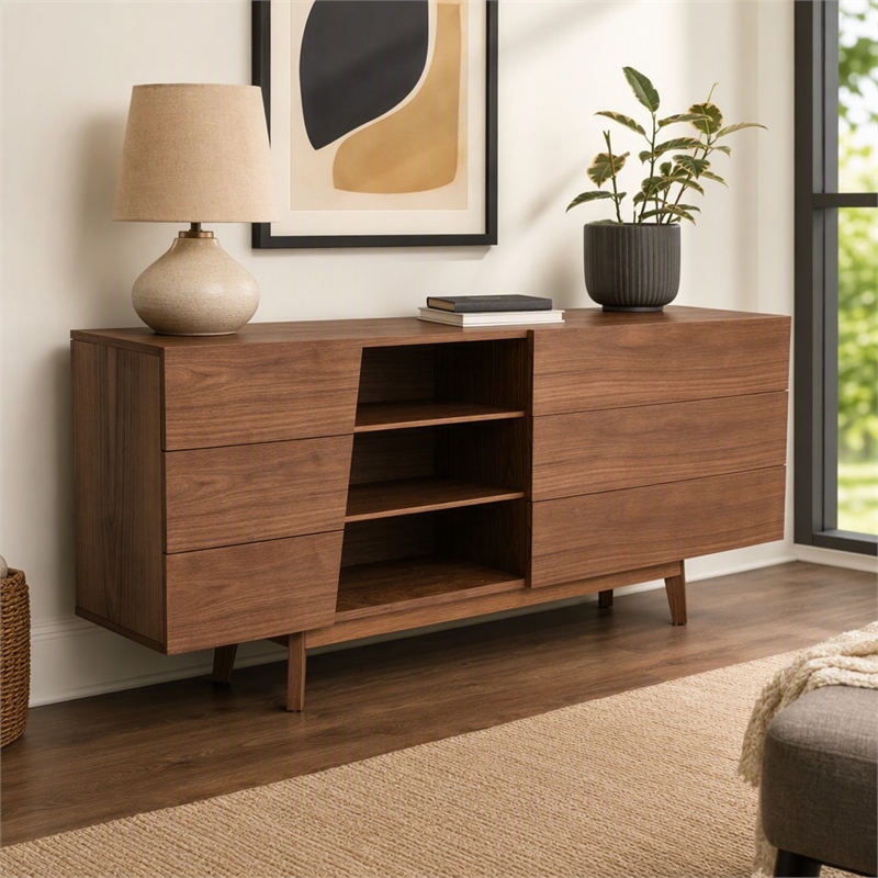 Pemberly Row Mid-Century Wood Bedroom Dresser with Walnut Veneer Finish