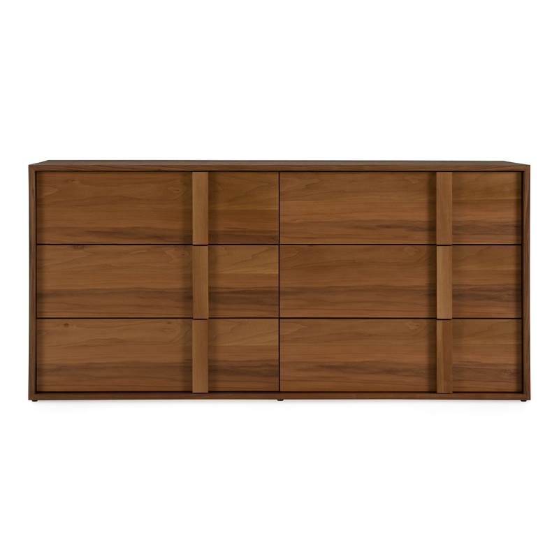 Pemberly Row Modern Walnut Veneer Bedroom Dresser with 6 Drawers