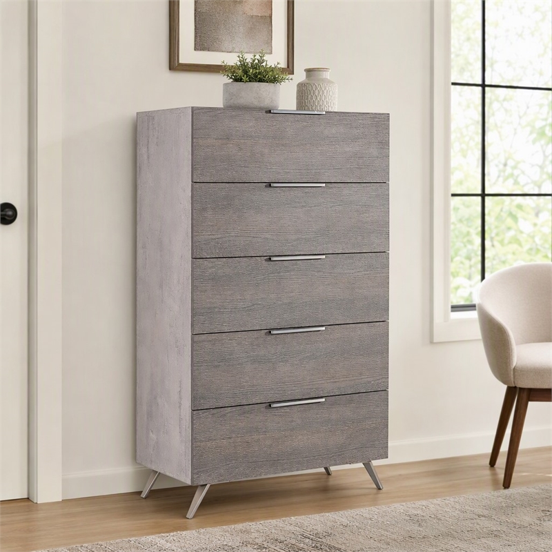 Pemberly Row 5-Drawer Chest in Faux Concrete and Matte Grey Laminate