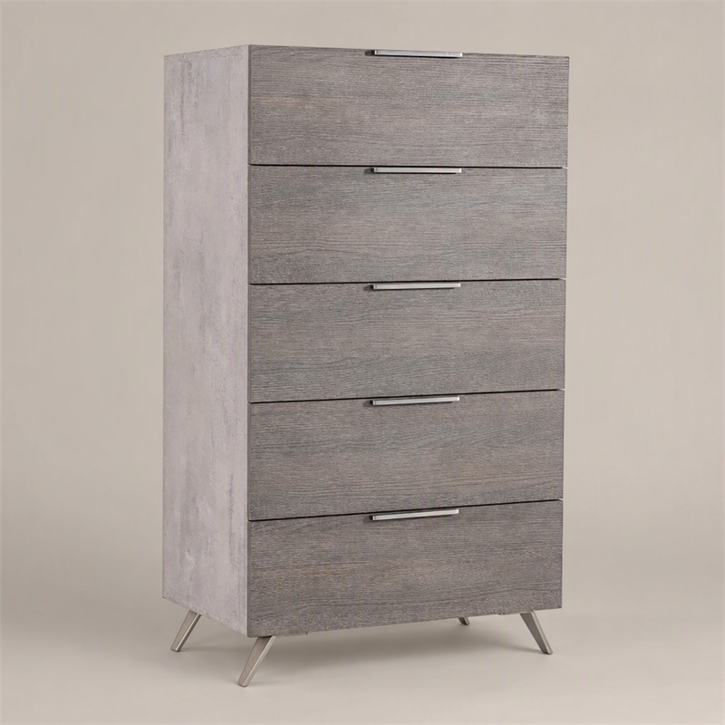 Pemberly Row 5-Drawer Chest in Faux Concrete and Matte Grey Laminate