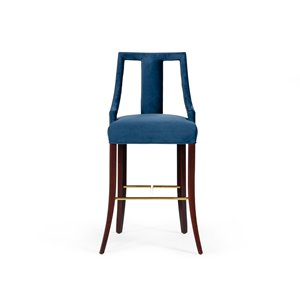 Pemberly Row 29&quot Glam Velvet Bar Stool in Blue and Gold with Solid Wood