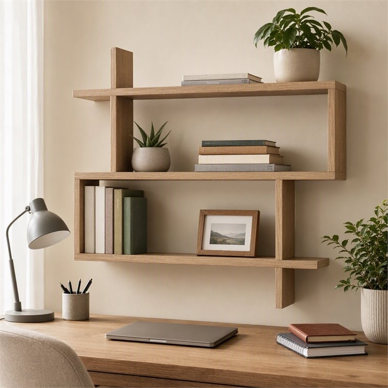 Pemberly Row Paralel Wall Shelf in Oak Finish for Living Spaces