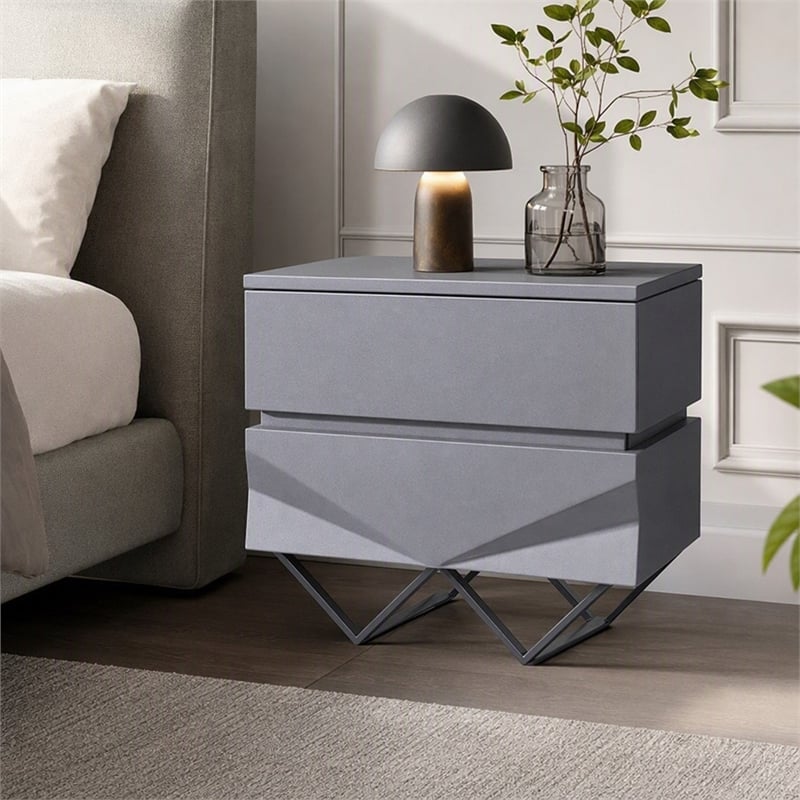 Pemberly Row Modern Nightstand with 2 Drawers & Gun Chrome Legs in Gray/Black