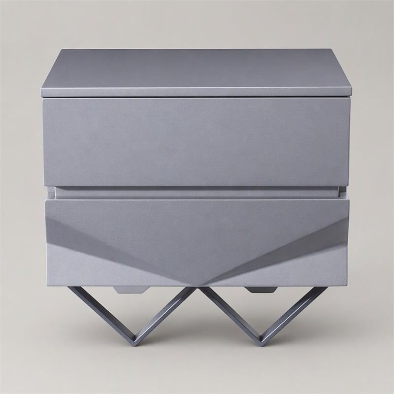 Pemberly Row Modern Nightstand with 2 Drawers & Gun Chrome Legs in Gray/Black