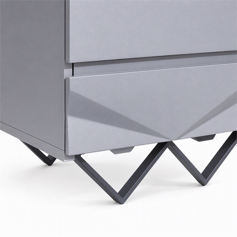 Pemberly Row Modern Nightstand with 2 Drawers & Gun Chrome Legs in Gray/Black