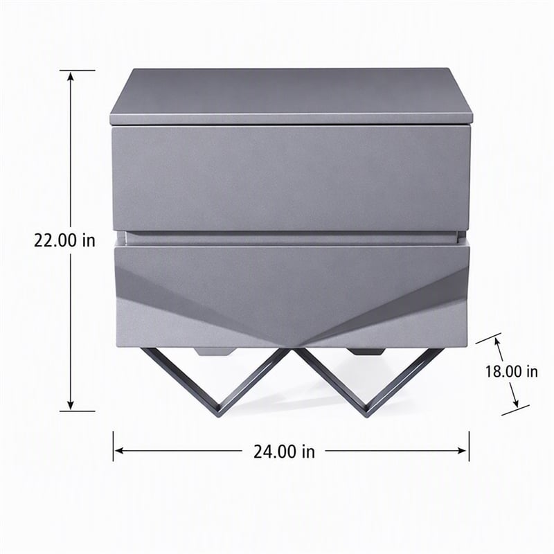 Pemberly Row Modern Nightstand with 2 Drawers & Gun Chrome Legs in Gray/Black