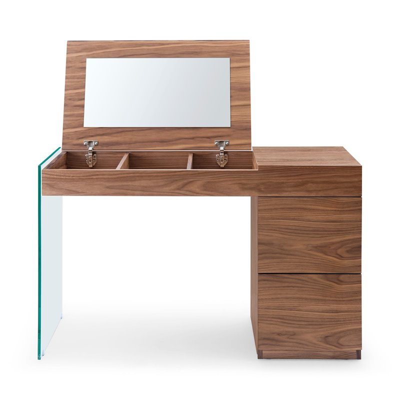 Pemberly Row Veneer & Glass Vanity Table with Mirror in Walnut