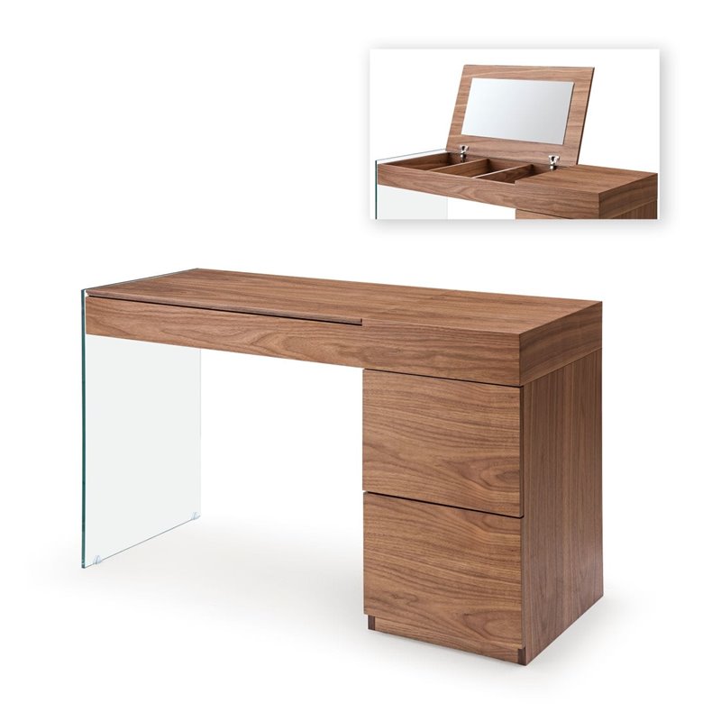 Pemberly Row Veneer & Glass Vanity Table with Mirror in Walnut