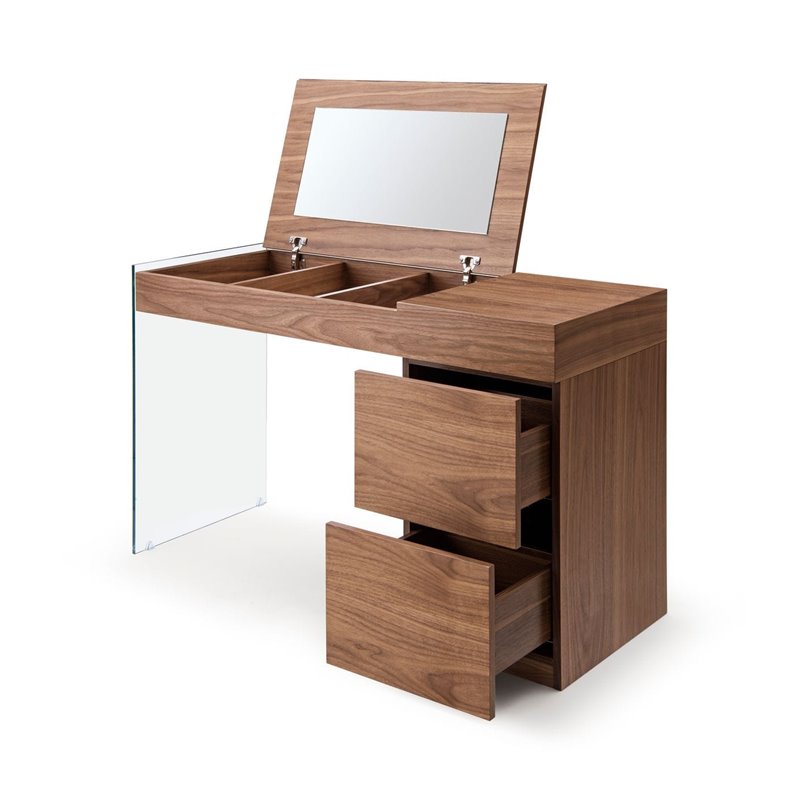 Pemberly Row Veneer & Glass Vanity Table with Mirror in Walnut