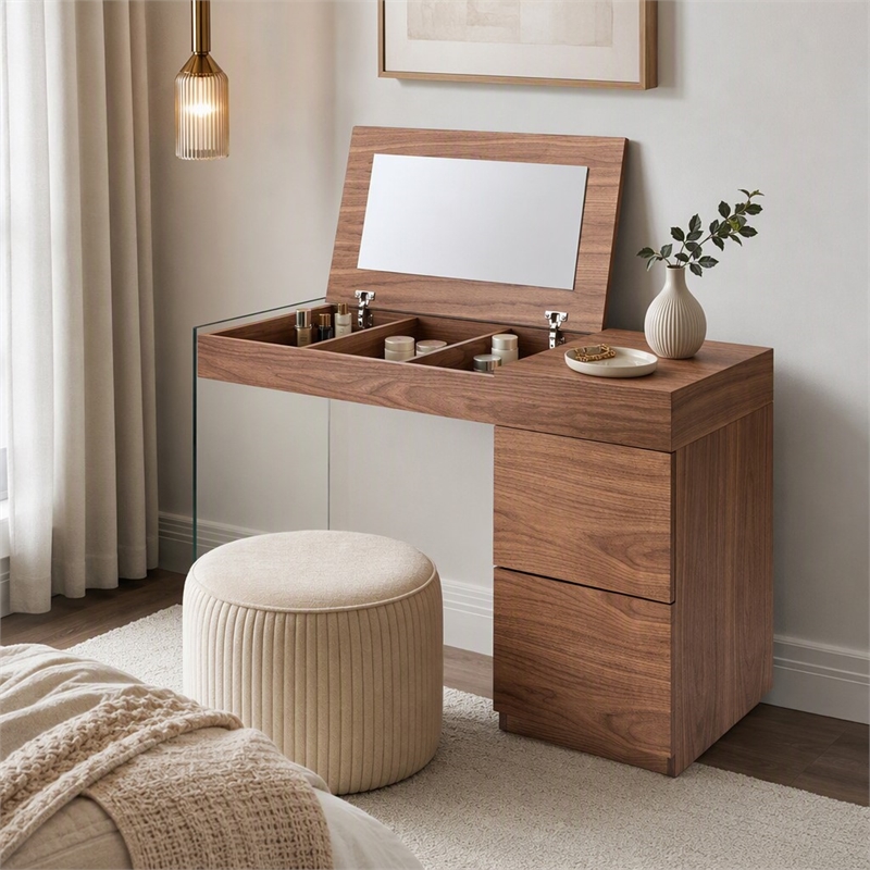 Pemberly Row Veneer & Glass Vanity Table with Mirror in Walnut