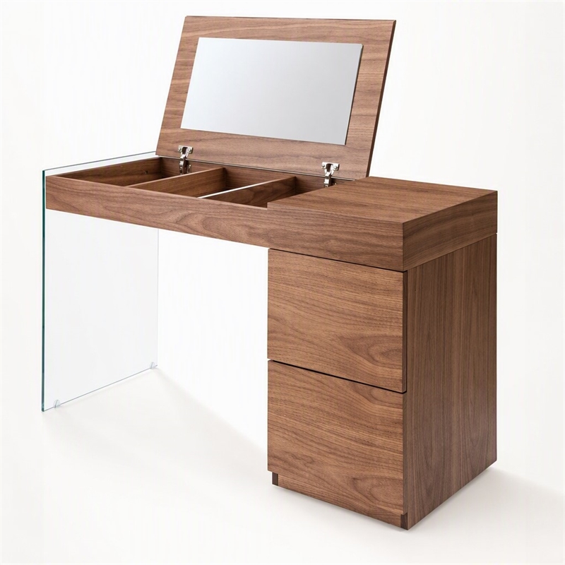 Pemberly Row Veneer & Glass Vanity Table with Mirror in Walnut