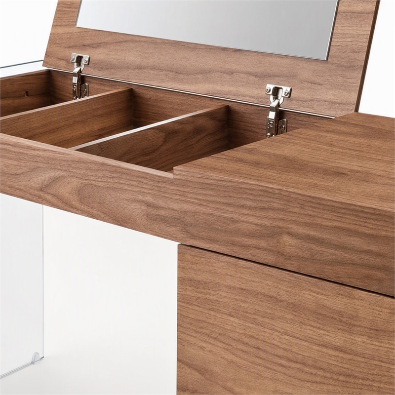Pemberly Row Veneer & Glass Vanity Table with Mirror in Walnut