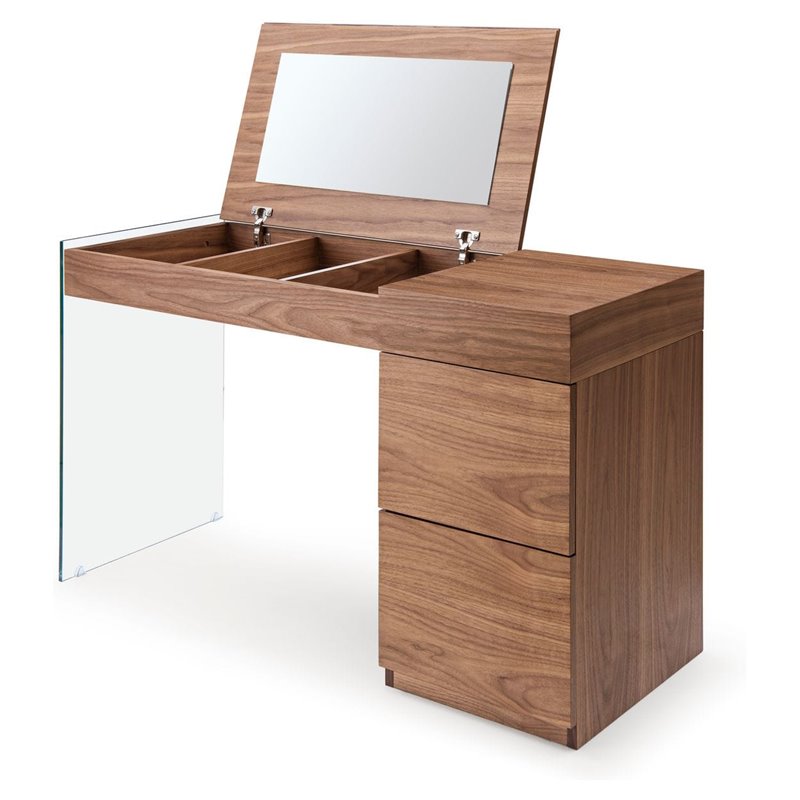 Pemberly Row Veneer & Glass Vanity Table with Mirror in Walnut