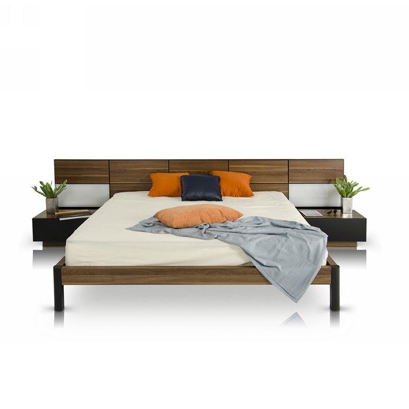 Pemberly Row Wood Queen Bed w/ Nightstand Storage & Headboard Lights