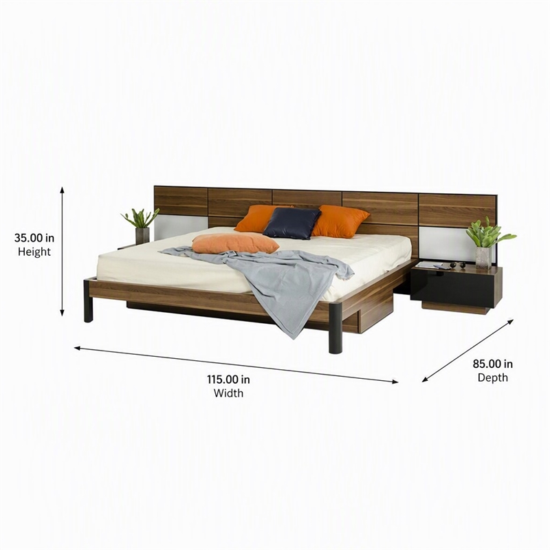 Pemberly Row Wood Queen Bed w/ Nightstand Storage & Headboard Lights