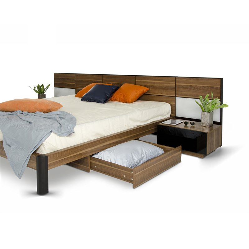 Pemberly Row Wood Queen Bed w/ Nightstand Storage & Headboard Lights