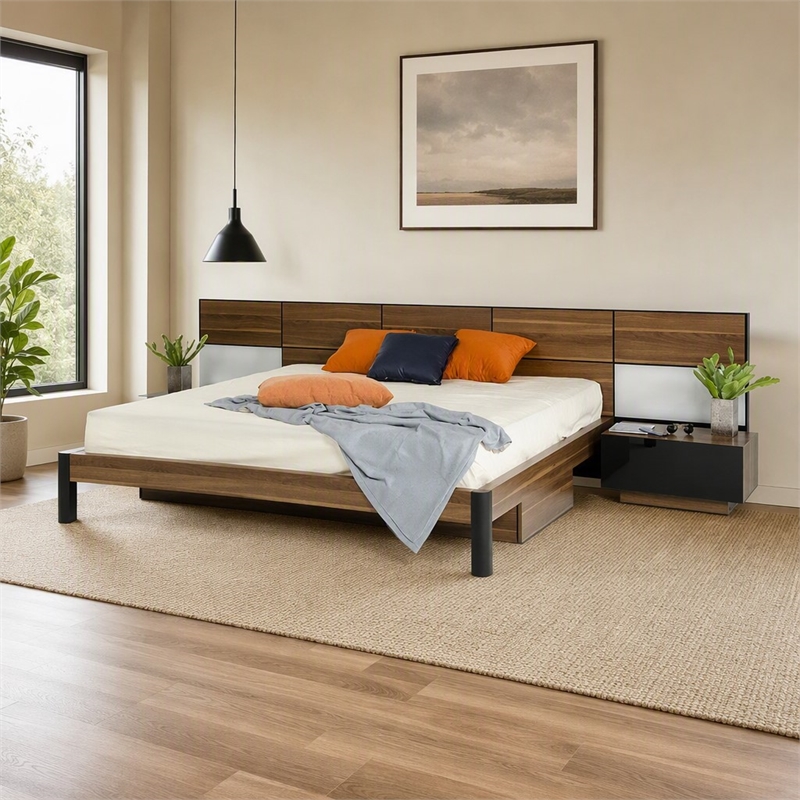 Pemberly Row Wood Queen Bed w/ Nightstand Storage & Headboard Lights