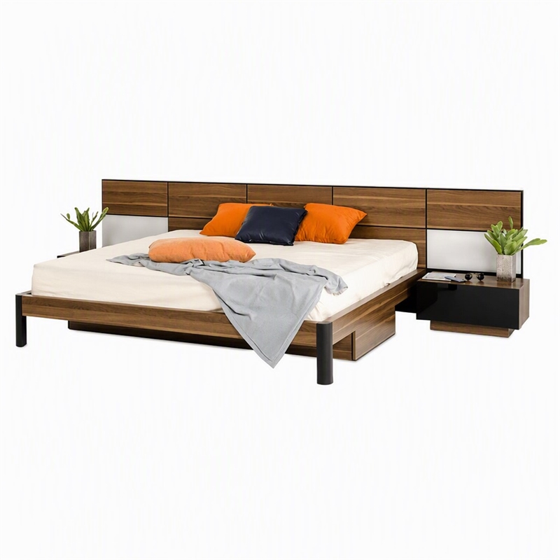 Pemberly Row Wood Queen Bed w/ Nightstand Storage & Headboard Lights