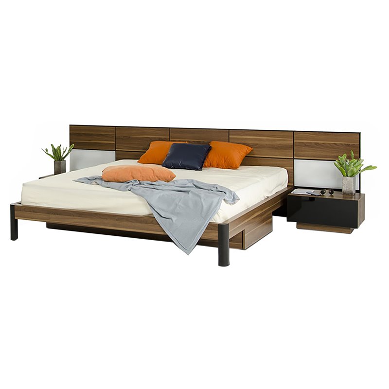 Pemberly Row Wood Queen Bed w/ Nightstand Storage & Headboard Lights