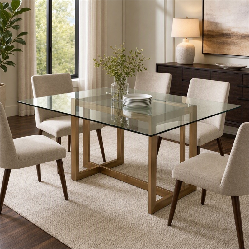 Pemberly Row Dining Table with Brass Stainless Steel Base & Glass Top