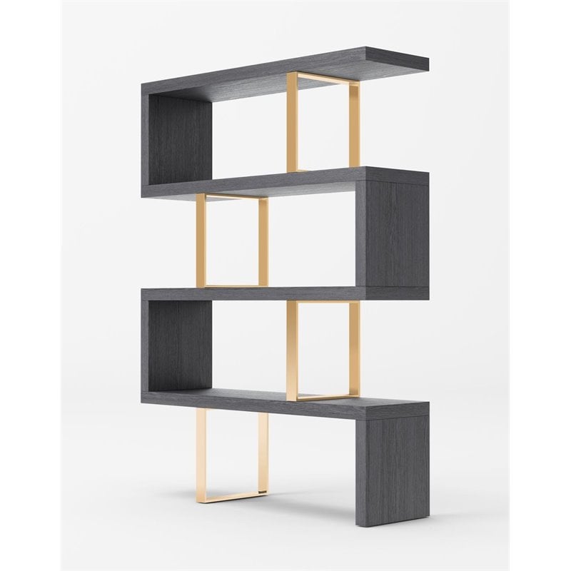 Pemberly Row Modern Elm Veneer Bookcase with Stainless Steel Supports